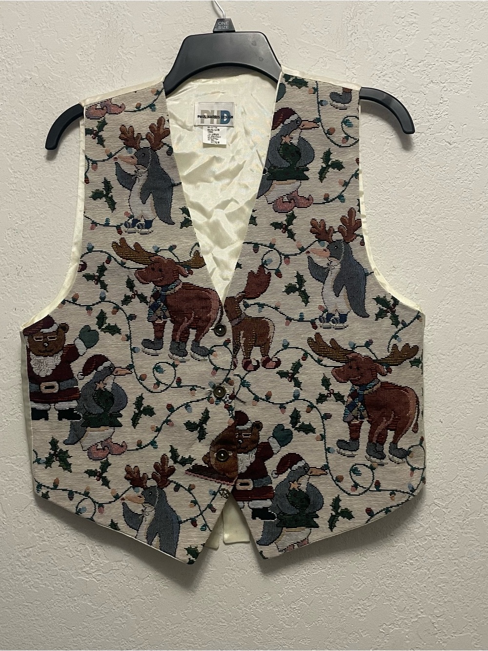 Christmas Tapestry Vest Ugly 80s 90s Santa Wreath Gift Stocking Star M VTG